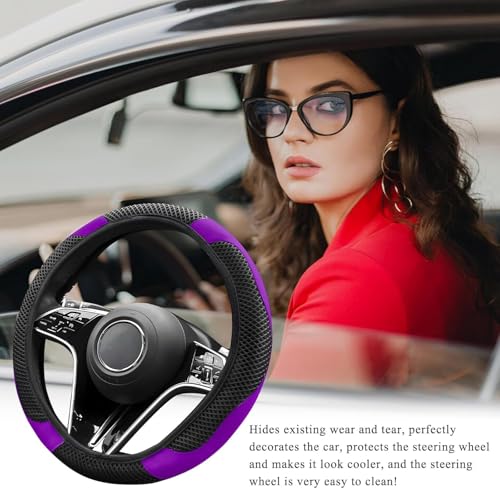 Elastic Stretch Steering Wheel Cover, Warm in Winter and Cool in Summer, Universal 15 inch Microfiber Breathable Ice Silk Anti Slip Car Interior Accessories, Odorless, (Black Purple) - color: Purple