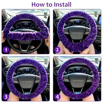 Accmor Fuzzy Car Steering Wheel Cover, Universal Fit Fur Car Wheel Cover & Handbrake Cover & Gear Shift Cover Set, Fluffy Fashion Leopard Print Auto Steering Wheel Protector for Women Girls(Purple) - color: Purple/Dark Leopard