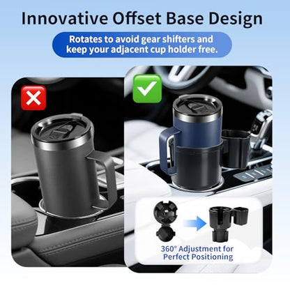 Car Cup Holder Expander W/Offset Adapter, 2-in-1 Cup Holder Extender for Large Bottles up to 4.3", Adjustable Base Fits Stanley, Hydro Flask, Yeti, Universal Car Cup Holder for Most Vehicles