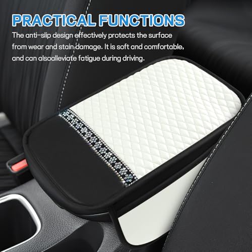8PCS Car Accessories Set, Bling Leather Car Steering Wheel Cover with Armrest Pad, Seat Belt Cover Pads, Cup Holder Coasters, Gear Shift & Handbrake Covers, Auto Interior Accessories (White) - color: White