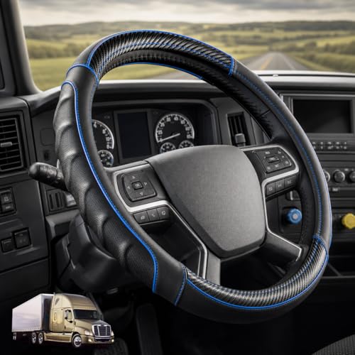 18 Inch Semi Truck Steering Wheel Cover for Freightliner Cascadia, Kenworth T680 T880, Peterbilt 579, Volvo VNL - Anti-Slip Carbon Fiber Grip - Carbon Blue - color: Black Blue