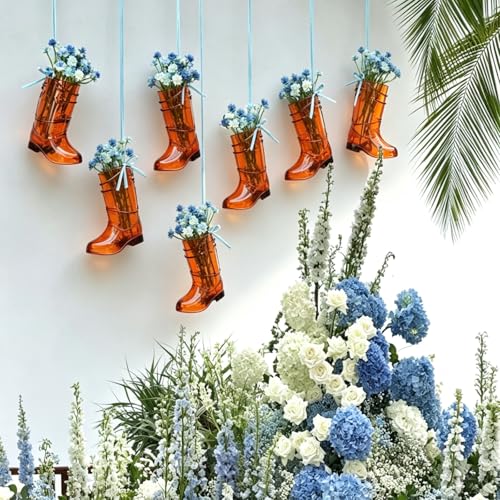Cowboy Boot Car Charm Country Rear View Mirror Wildflower Bouquet Car Mirror Charm Western Car Accessories Blue Bow Hanging Cute Car Decor Ornament Pendent for Women Man