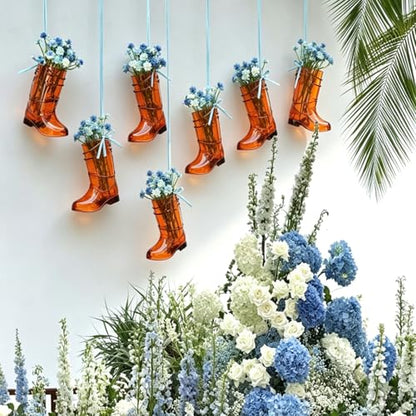 Cowboy Boot Car Charm Country Rear View Mirror Wildflower Bouquet Car Mirror Charm Western Car Accessories Blue Bow Hanging Cute Car Decor Ornament Pendent for Women Man