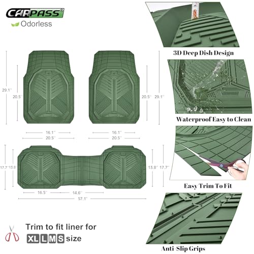 CAR PASS Heavy Duty Rubber Car Mats, Deepdish All Weather Floor Mats for Car Full Set, Universal Automotive Mats Trim to Fit for Sedans SUVs Trucks, Waterproof Anti-Slip Deep Tray 3 Pieces Olive Green - color: Olive Green