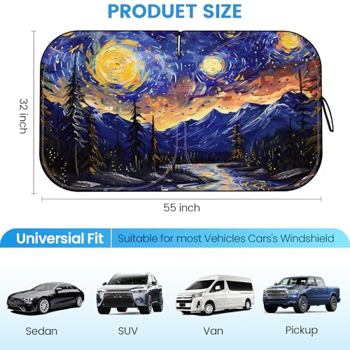 Foldable Windshield Sun Shade for Car – 240T Reflective UV and Heat Shield with Storage Bag | Keeps Interior Cool - color: Mountain Scenery & Starry Sky