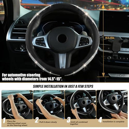 Black Steering Wheel Cover，with Bling Crystal Rhinestone, Delicate and Anti-Slip Sparkly Sedan Steering Wheel Cover ，Adaptable to 14.5-15 inches Steering Wheel, LPFS1