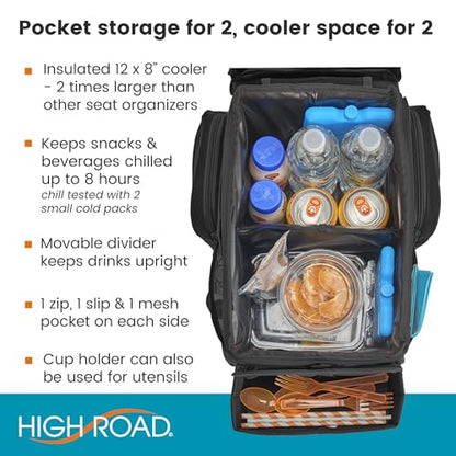 High Road CarHop Car Caddy Organizer with Road Trip Cooler, Car Cup Holder Bin, Sturdy Snack and Play Lid and 6 Organization and Storage Pockets, Black - color: Black