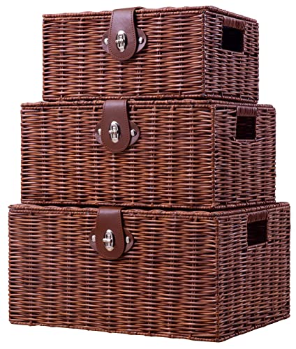 Set of 3 Woven Wicker Storage Basket Box with Lids & Lock, Built-in Carry Handles, Multifunctional Storage Organizer for Nursery, Baby, Clothes, Toys, Books, Large/Medium/Small Size (Natural)