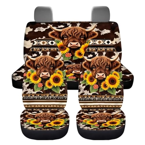 4 Pcs Aztec Highland Cow Car Seat Covers Full Set Highland Cow Sunflowers Auto Front Rear Seat Protector Aztec Tribal Car Accessories Set for Women Men Universal Vehicle Bucket Seats Covers - color: Aztec Highland Cow
