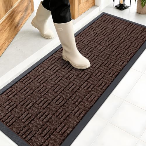 OLANLY Front Door Mat Outside Entrance 47x17, Absorbent, Heavy Duty Sturdy Natural Rubber Doormat Indoor Outdoor, Stain and Fade Resistant, Non-Slip Backing Low Profile Floor Mat for Entryway, Brown - color: Brown, size: 47" X 17"