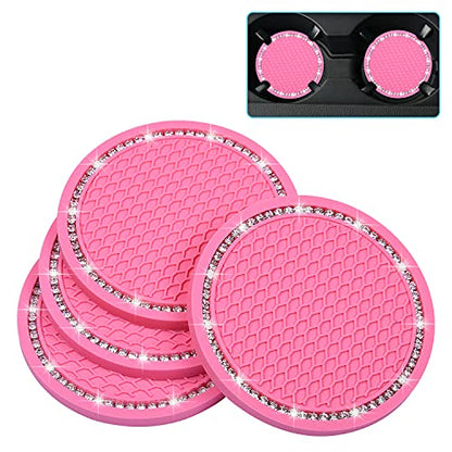 Bling Car Coasters, Wisdompro 4 Pack PVC Car Cup Holder Insert Coaster - Anti Slip Universal Vehicle Interior Accessories Crystal Glitter Cup Mats for Women and Men (2.75" Diameter, Pink) - color: Pink
