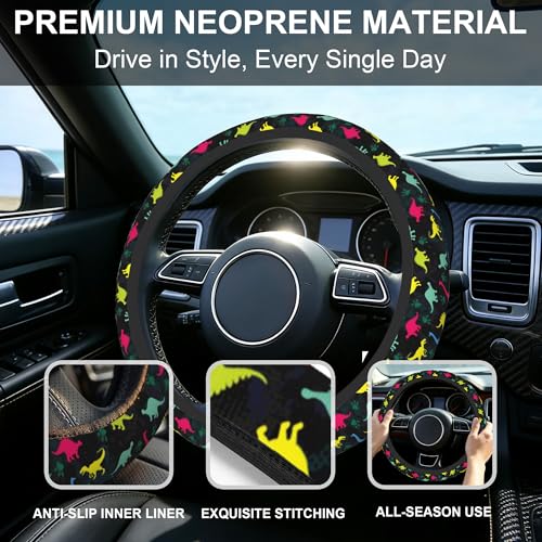 Dinosaur Steering Wheel Cover for Women Girly,Colorful Dino with Paws 15 Inch Non-Slip Breathable Neoprene Steering Wheel Cover Fit Auto,SUVs,Includes 2 PCS Cup Coasters - color: Dinosaur