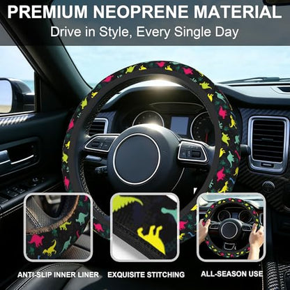Dinosaur Steering Wheel Cover for Women Girly,Colorful Dino with Paws 15 Inch Non-Slip Breathable Neoprene Steering Wheel Cover Fit Auto,SUVs,Includes 2 PCS Cup Coasters - color: Dinosaur