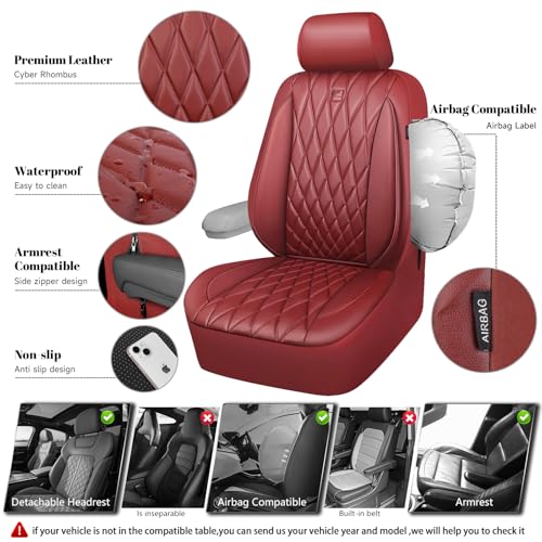 CAR PASS Piping Luxury Faux PU Leather Two Front Car Seat Covers, Waterproof Anti Slip Premium Automotive Seat Covers,Universal Fit for Suvs,Vans,Trucks, Armrest Airbag Compatible, Burgundy Red - color: All Red Burgundy, size: Two Front