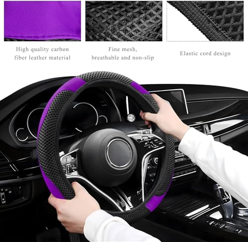 Elastic Stretch Steering Wheel Cover, Warm in Winter and Cool in Summer, Universal 15 inch Microfiber Breathable Ice Silk Anti Slip Car Interior Accessories, Odorless, (Black Purple)