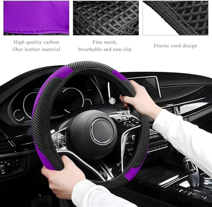 Elastic Stretch Steering Wheel Cover, Warm in Winter and Cool in Summer, Universal 15 inch Microfiber Breathable Ice Silk Anti Slip Car Interior Accessories, Odorless, (Black Purple)