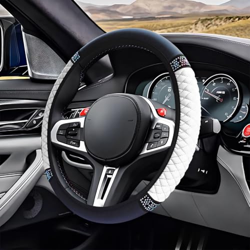 Bling Soft Leather Steering Wheel Cover, 15" Anti-Slip Sparkly Crystal Auto Elastic Steering Wheel Protector for Women Girl, Colorful Diamond Car Interior Accessory for Most Cars (White) - color: White