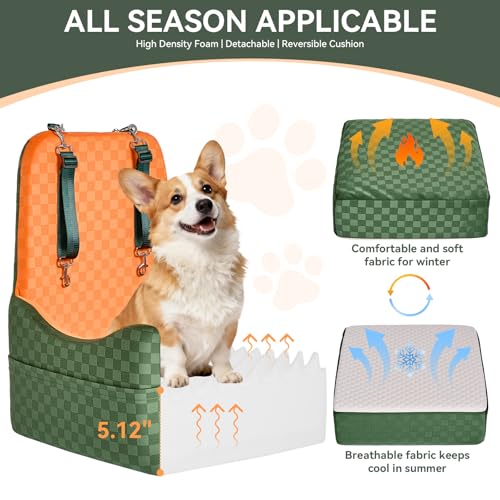 PETSFIT Dog Car Seat for Small/Medium Dogs Up to 35 lbs – Patented Safety System, 5" Memory Foam Pet Car Seat, Fully Detachable and Washable Cover, Front/Back Seat Travel Booster (Green & Orange) - color: Green/Orange