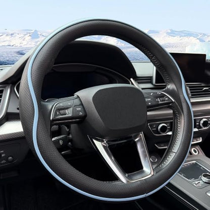 Leather Steering Wheel Cover， with Anti-Slip Stripe Design - Enhanced Grip, Fashion Style, Safe, Non-Slip, Breathable. Upgrade car Interior，Black Blue - color: Black Blue