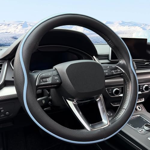 HAOTULE Leather Steering Wheel Cover， with Anti-Slip Stripe Design - Enhanced Grip, Fashion Style, Safe, Non-Slip, Breathable. Upgrade car Interior，Black Blue - color: Black Blue