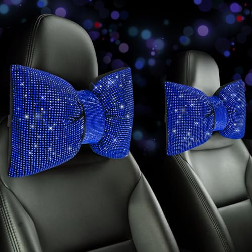 4 PCS Bling Car Pillows,Rhinestones Bowknot Car Headrest Pillow,Car Neck Pillow for Driver Relax Necksupport,Sleeping Travel Support Neck Pillow,Shiny Diamond Interior Accessories for Women,Blue - color: Blue, size: 4pcs