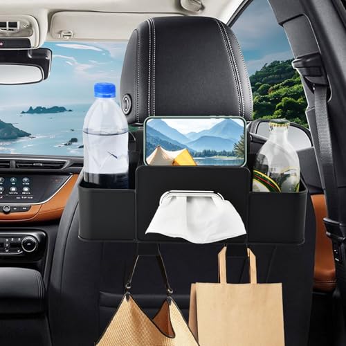 Back Seat Car Organizer, Multifunctional Car Seat Back Storage Box with Hook Tissue Box Cup Holder can Hold Phone Drinks Handbag fits Most Vehicles(COLOR:Black)