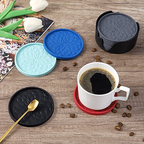 Silicone Coasters with Holder,[6 Pack] Drinking Coasters - Cup Mat for Hot or Cold Drinks, Thickened, Non-Slip, Non-Stick,Deep Tray Dark Purple - color: Dark Purple