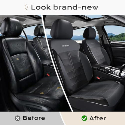 Coverado Front Seat Leather Covers, Full Leather Construction with Carbon Fibre Weave, Universal Fit for Most Cars SUV Trucks (Black) - color: Black, size: Front