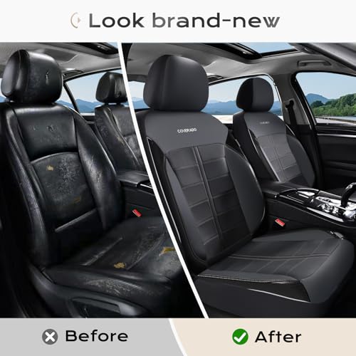 Coverado Front Seat Leather Covers, Full Leather Construction with Carbon Fibre Weave, Universal Fit for Most Cars SUV Trucks (Black) - color: Black, size: Front