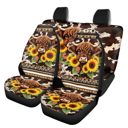 4 Pcs Aztec Highland Cow Car Seat Covers Full Set Highland Cow Sunflowers Auto Front Rear Seat Protector Aztec Tribal Car Accessories Set for Women Men Universal Vehicle Bucket Seats Covers - color: Aztec Highland Cow