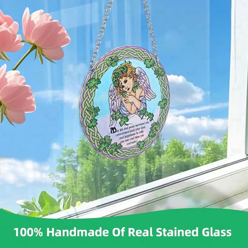 Stained Glass Angel Suncatcher Window Hanging Ornament for Home and Garden Decor 100% Real Glass with Elegant Angel Design Gift for Mom and Loved Ones.