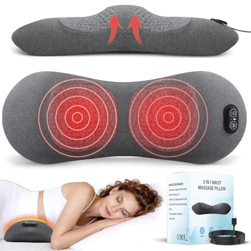3-in-1 Electric Lumbar Support Pillow with Heat, Vibration and Traction, Triple Fusion Low Back Massager for Pain Relief Deep Tissue, Ergonomic Memory Foam Lumbar Support Massager for Car/Bed/Office