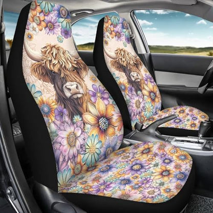 Bohu Flower Highland Cow Print Car Seat Covers Front Seats Only,Universal Fit Most Cars,Truck,SUV,or Van - color: Bohu Flower Highland Cow