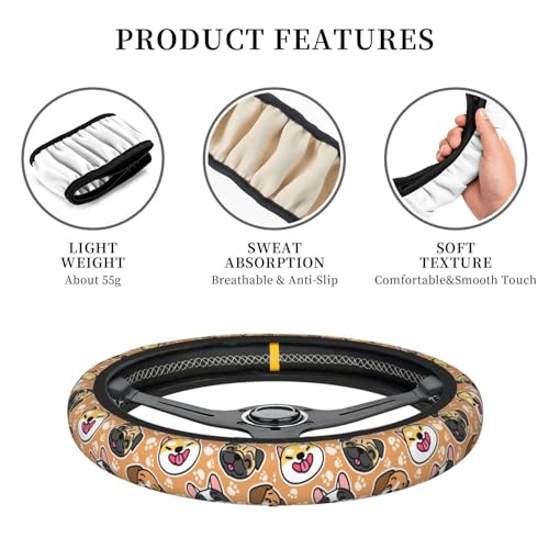 Cute Dog Print Neoprene Steering Wheel Cover Anti-Slip Elastic Pet Face Steering Wheel Protective Cover 15in Universal Car Accessories Fit Cars, SUVs, Auto - color: Pet Dog Print