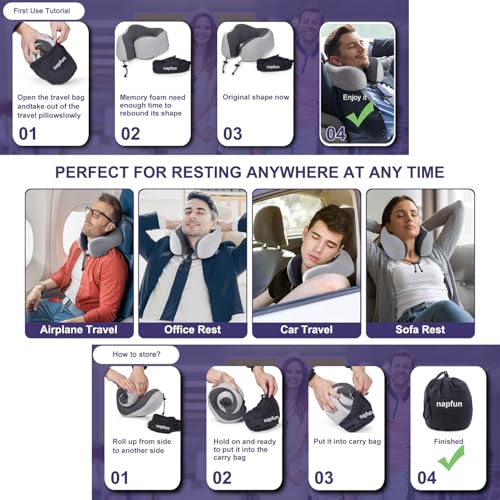 napfun Neck Pillow for Traveling, Upgraded Travel Neck Pillow for Airplane 100% Pure Memory Foam Travel Pillow for Flight Headrest Sleep, Portable Plane Accessories, Light Grey