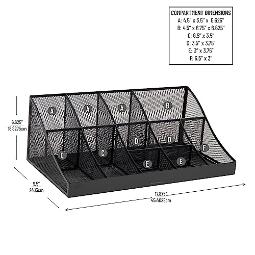 Mind Reader Countertop Organizer, 2 Tier Mesh Storage Caddy with 11 Compartments for Office Supplies, Breakroom Essentials, and Snacks - color: Black Metal