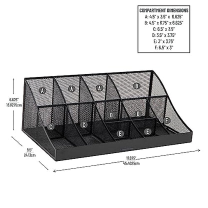 Mind Reader Countertop Organizer, 2 Tier Mesh Storage Caddy with 11 Compartments for Office Supplies, Breakroom Essentials, and Snacks - color: Black Metal