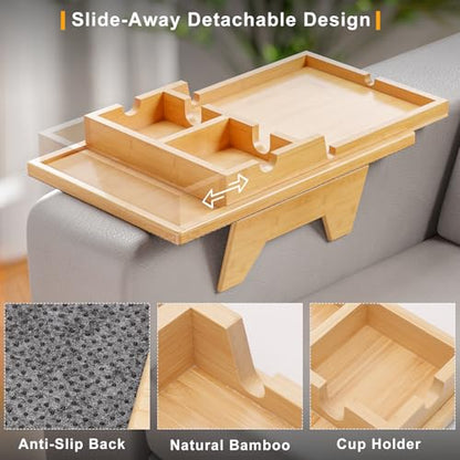 Bamboo Couch Cup Holder Tray - 2 in 1 Couch Armrest Table with Be Slide-Away Detachable Double Holder - Sofa Armchair Caddy for Drinking Snacks iPad TV Remote - color: Bamboo, size: 13.8" x 9.5" x 2.4"