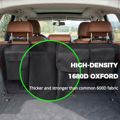 PIDO Hanging Trunk Organizer, Backseat Trunk Organizer for SUV, Hanging Car Storage Bag with Large Pockets for Sedan, Truck, Van, Upgraded Premium 1680D Oxford, Space Saving Car Interior Accessory