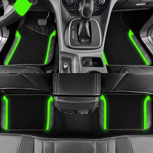 CAR PASS Leather Steering Wheel Cover and Waterproof Car Floor Mats,Microfiber Universal Car Combo Fit for 95% Sedan,SUV,Cars,14.5-15inch Sporty Anti-Slip Comfortable Design(Black＆Fluorescence Green) - color: Black＆Fluorescence Green