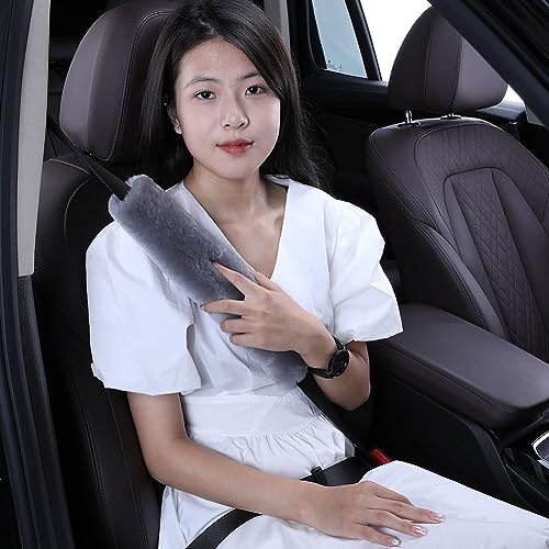 OGLAND 13.4inch Longer Fuzzy Sheepskin Seat Belt Cover, Fluffy Seatbelt Cover Pad for Pacemaker Adults Kids Women Cozy Soft Universal Car Accessories,1 Pack Misty Gray - color: Misty Gray