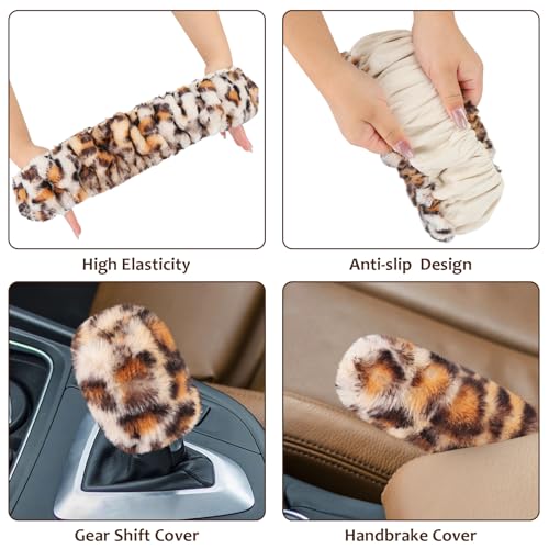 Accmor Fluffy Car Steering Wheel Cover, Universal Fuzzy Wheel Cover 14 1/2-15 & Handbrake Cover & Gear Shift Cover Set, Anti-Slip Leopard Warm Fur Vehicle Wheel Protector Car Accessories for Men Women
