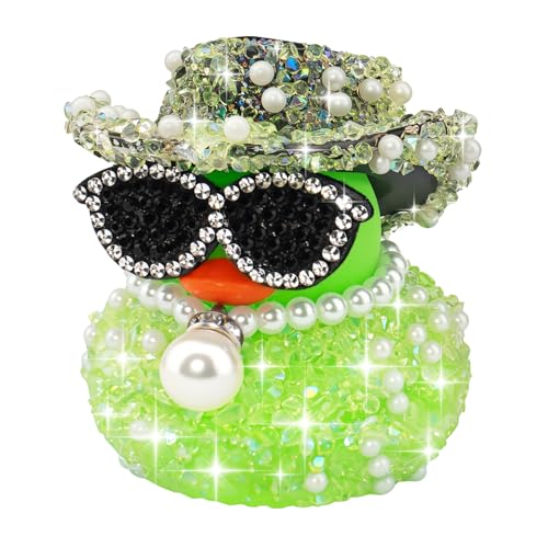 wonuu Pearl Diamond Rubber Duck Car Ornaments Dashboard Decorations for Cute Car Accessories, Green - color: Green