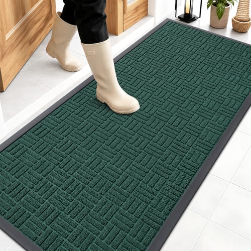 OLANLY Front Door Mat Outside Entrance 59x23, Absorbent, Heavy Duty Sturdy Natural Rubber Doormat Indoor Outdoor, Non-Slip, Stain and Fade Resistant, Low Profile Floor Mat for Entryway, Black Green - color: Black Green, size: 59" X 23"
