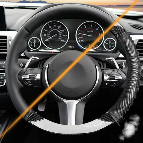 5D Honeycomb Knight White Car Steering Wheel Cover,14.5-15 Inch Universal Carbon Fibre Leather Covers Breathable Anti-Slip Odorless Steering Wheels Accessories for Men Women - color: 5D Honeycomb - Knight White