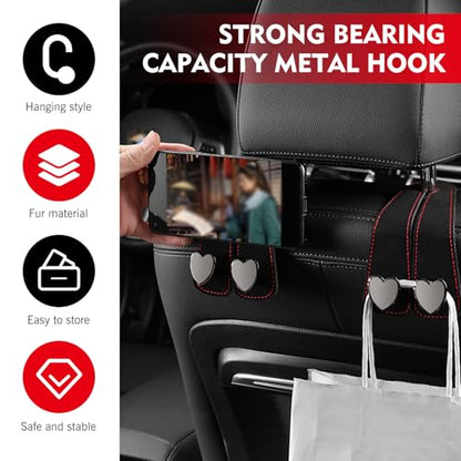 2 PCS Car Seat Hooks, Suede Heart-Shaped Double Hooks Headrest Organizer, Heavy-Duty Multi-Functional Auto Back Seat Phone Holder, Universal for Most Cars (Black)