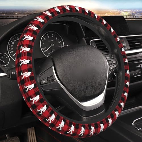 Bigfoot Big Foot Red and Black Buffalo Plaid Car Steering Wheel Cover,Non-Slip Elastic Neoprene-Sweat Car Accessories,Universal 15 Inch Fit Auto, Vans Trucks,Suvs, Truck - color: Big Foot