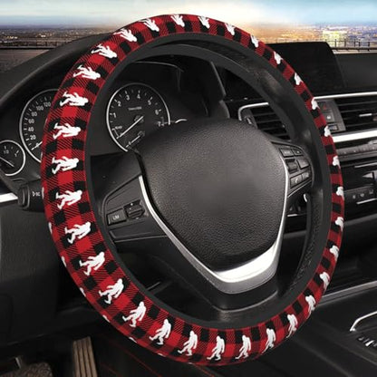 Bigfoot Big Foot Red and Black Buffalo Plaid Car Steering Wheel Cover,Non-Slip Elastic Neoprene-Sweat Car Accessories,Universal 15 Inch Fit Auto, Vans Trucks,Suvs, Truck - color: Big Foot