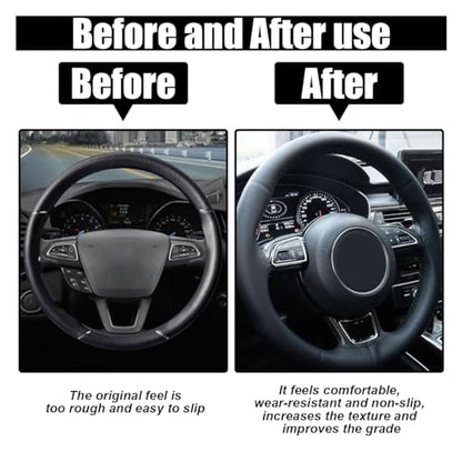 Car Genuine Leather Steering Wheel Cover, DIY Sewing with Needle and Thread, Breathable, and Anti-Slip, Universal 15 Inch Car Steering Wheel Stitching Wrap (Black, Glossy) - color: Black, size: 15 inches - Glossy