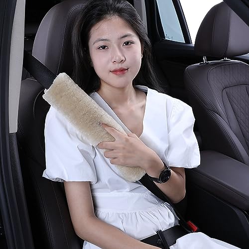 OGLAND 1 Pack 13.4inch Large Fuzzy Soft Sheepskin Seat Belt Cover, Fluffy Seatbelt Cover Pad for Pacemaker Adults Kids Women Universal Cozy Car Cushions, Pearl - color: Pearl